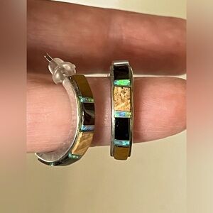 Native American Sterling Tiger Eye Opal Multi Stone Inlaid Half Cuff earrings OS